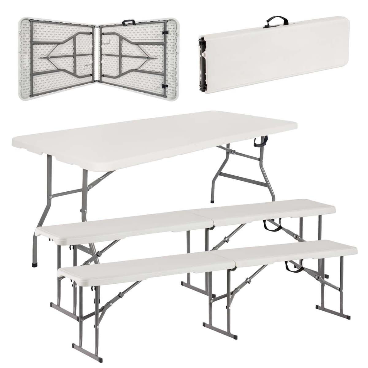 Garden set, table and two benches, folding, white