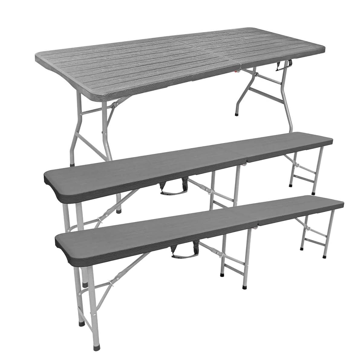 Garden set, table and two benches, folding, dark gray